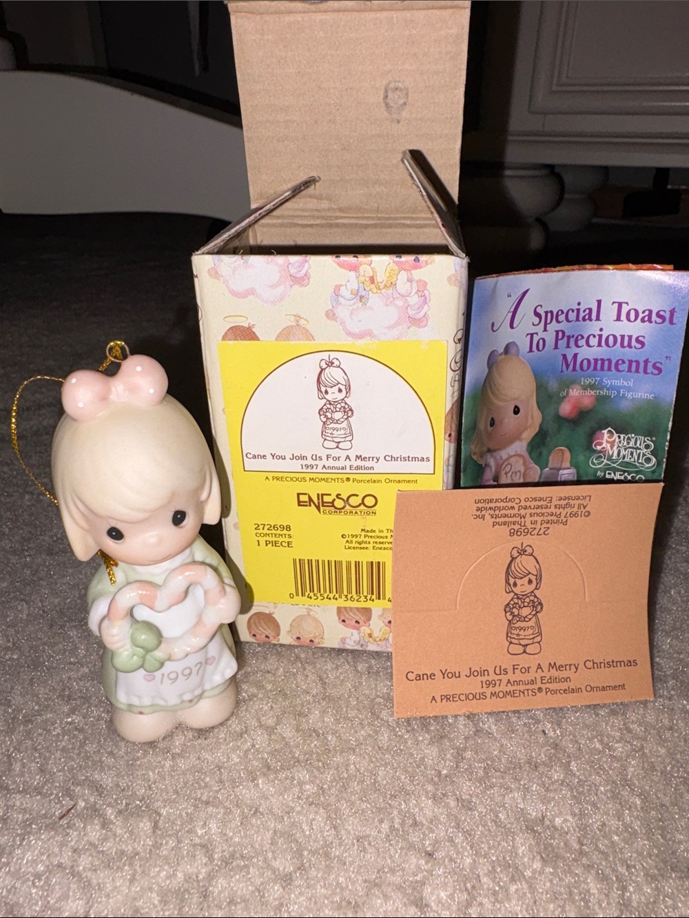 Enesco Precious Moments 'Cane You Join Us' 1997 Pink & Cream Christmas Ornament